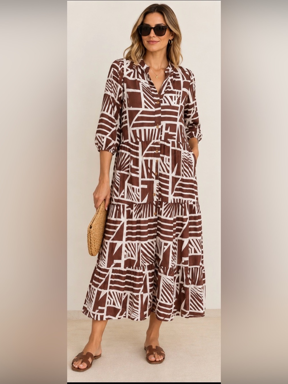 Brown & White Geometric Maxi Dress - Women